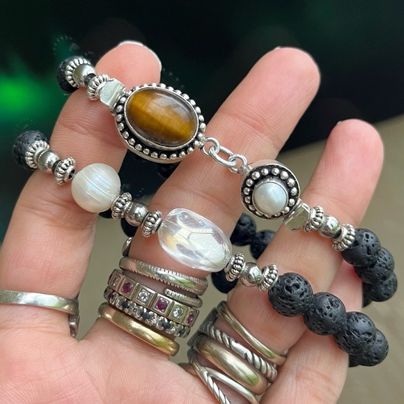 Genuine Gemstones bracelets set tiger eye , pearls & aura crystal quartz - Picture 10 of 13